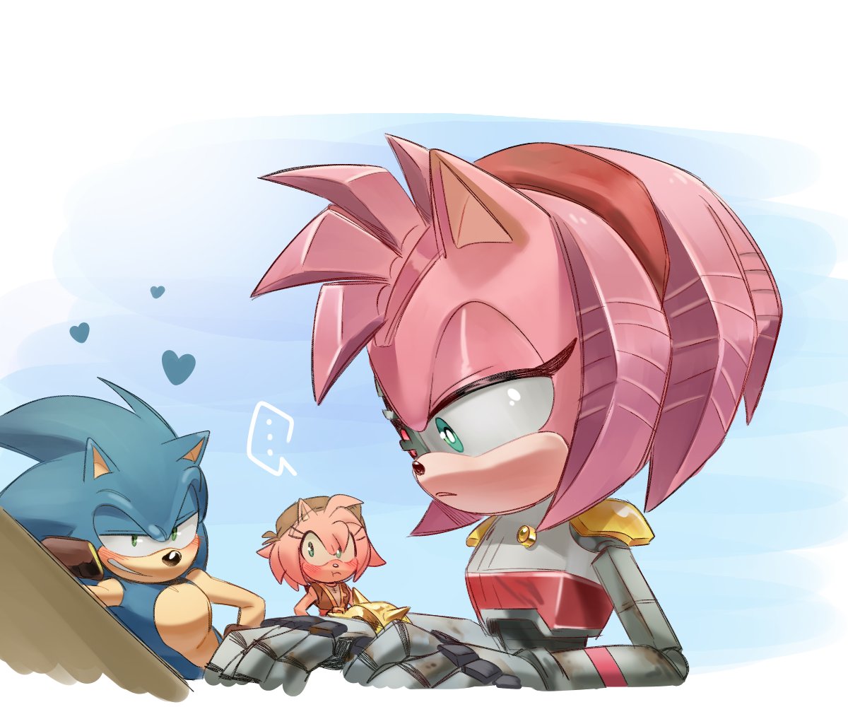 ..., 1boy, 2girls, amy_rose, animal_ears, animal_nose, aqua_eyes, arm_up