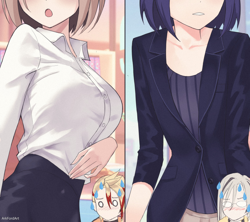 2boys, 2girls, a-chan_(hololive), ark_ford, artist_name, axel_syrios, black_hair, black_jacket
