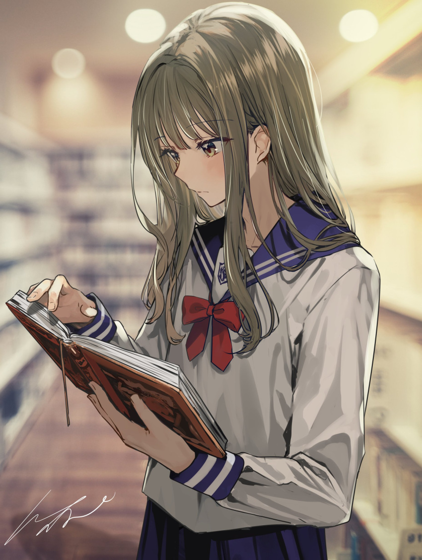 1boy, absurdres, androgynous, blonde_hair, blue_sailor_collar, blue_skirt, blurry, blurry_background
