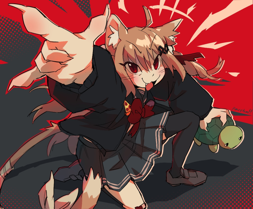 1girl, :3, :d, \m/, ahoge, animal, animal_ear_fluff, animal_ears, artist_name, asymmetrical_legwear, bandaged_tail, black_cardigan, black_sailor_collar, black_socks, bow, bowtie, broken_heart_hair_ornament, brown_footwear, cardigan, cat_ears, cat_tail, evil_neuro-sama, fang, fingernails, food, full_body, grey_background, grey_skirt, hair_between_eyes, hair_ornament, hair_ribbon, hairclip, hand_up, heart, heart_hair_ornament, holding, holding_animal, indie_virtual_youtuber, light_brown_hair, loafers, long_hair, long_sleeves, neuro-sama, on_one_knee, open_cardigan, open_clothes, open_mouth, outline, pasharuu, pizza, pizza_slice, pleated_skirt, polka_dot, polka_dot_background, red_background, red_bow, red_bowtie, red_eyes, red_outline, red_ribbon, ribbon, sailor_collar, shadow, sharp_fingernails, shoes, single_sock, single_thighhigh, skirt, smile, socks, tail, thigh-highs, torn_bowtie, touhou, turtle, two-tone_background, uneven_legwear, v-shaped_eyebrows, vedal987, virtual_youtuber, whiskers