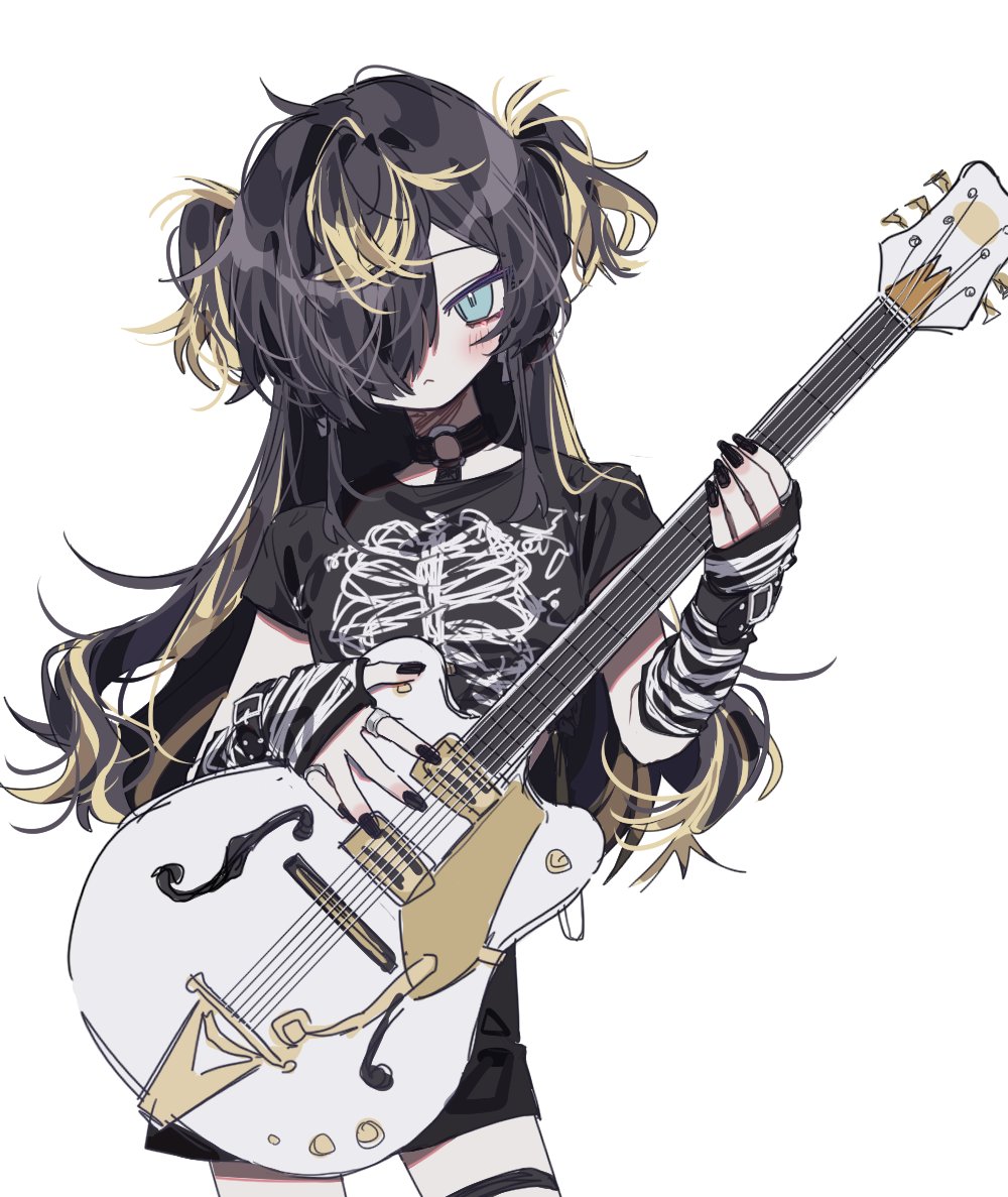 1girl, 3j_dangan, aimono_jyushi, black_hair, black_nails, black_shirt, blue_eyes, blush, choker, closed_mouth, cowboy_shot, electric_guitar, genderswap, genderswap_(mtf), guitar, hair_over_one_eye, holding, holding_instrument, hypnosis_mic, instrument, long_hair, looking_at_viewer, o-ring, o-ring_choker, shirt, simple_background, solo, striped_arm_warmers, t-shirt, two_side_up, very_long_hair, white_background