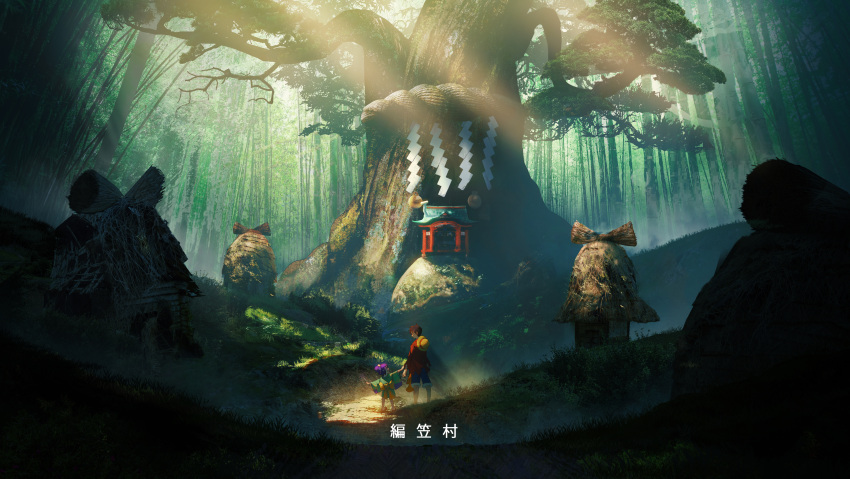 1boy, 1girl, absurdres, back, black_hair, day, forest, full_body