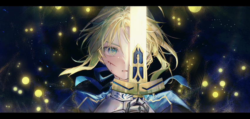 1girl, absurdres, ahoge, artoria_pendragon_(fate), blonde_hair, blood, cuts, excalibur_(fate/stay_night)
