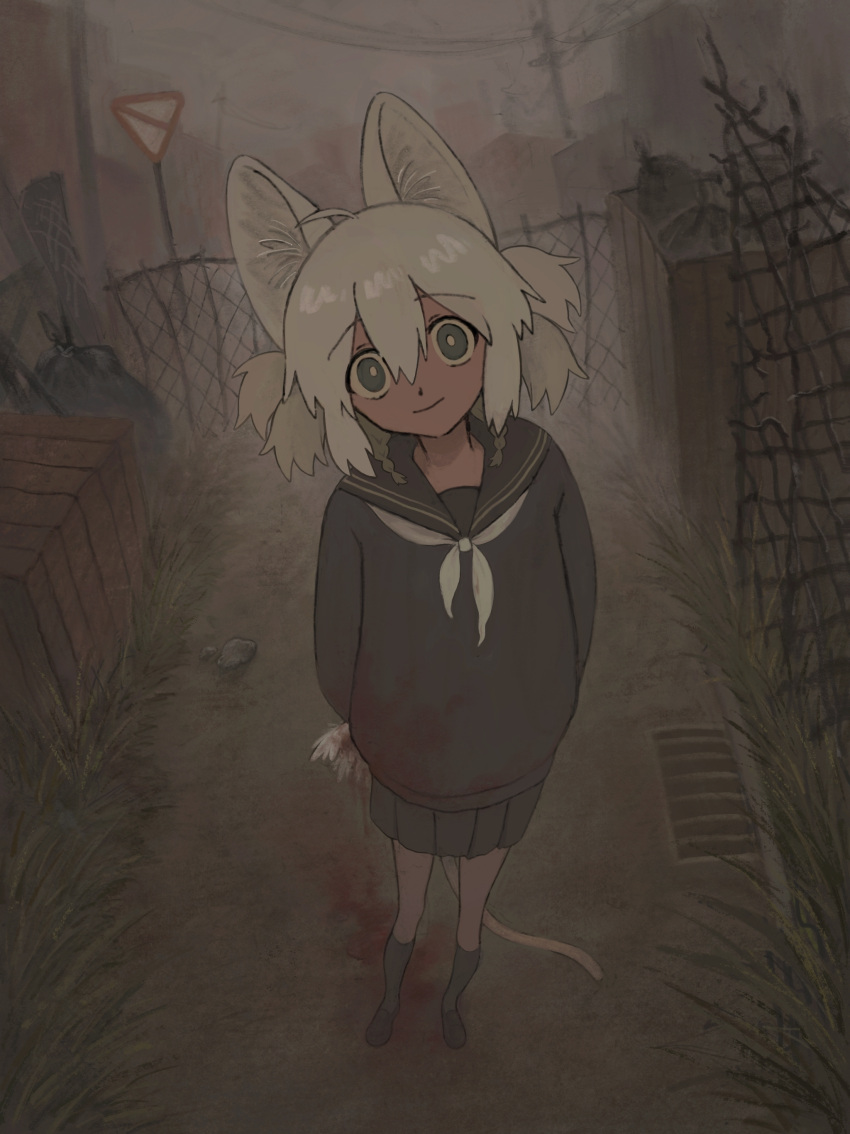 1girl, absurdres, ahoge, animal_ear_fluff, animal_ears, arms_behind_back, blood, blood_on_clothes