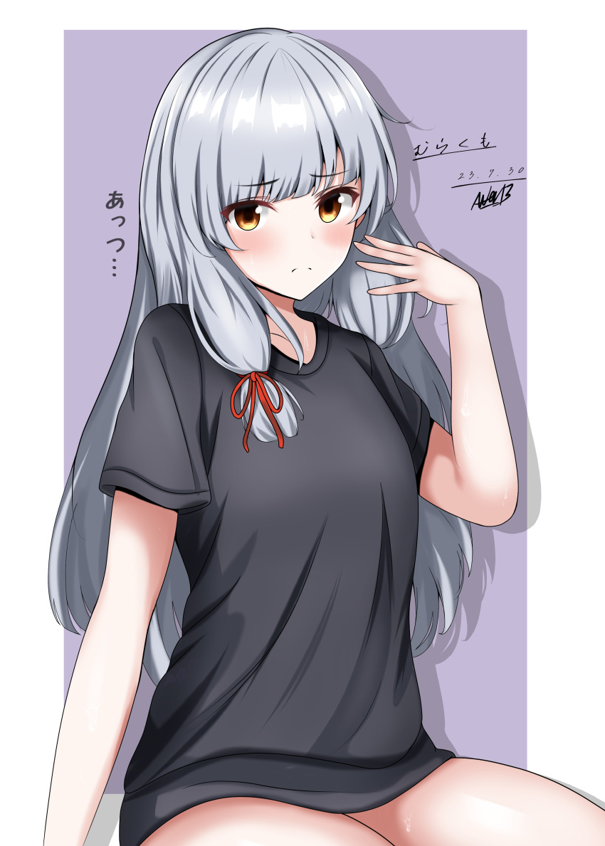 1girl, abataa, absurdres, alternate_costume, black_shirt, border, brown_eyes, commentary_request