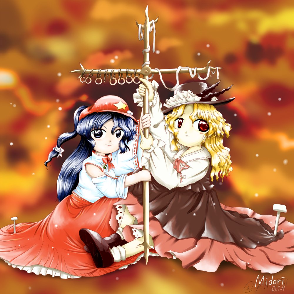 2girls, bare_shoulders, blonde_hair, blue_eyes, blue_hair, bow, bowtie, brown_headwear