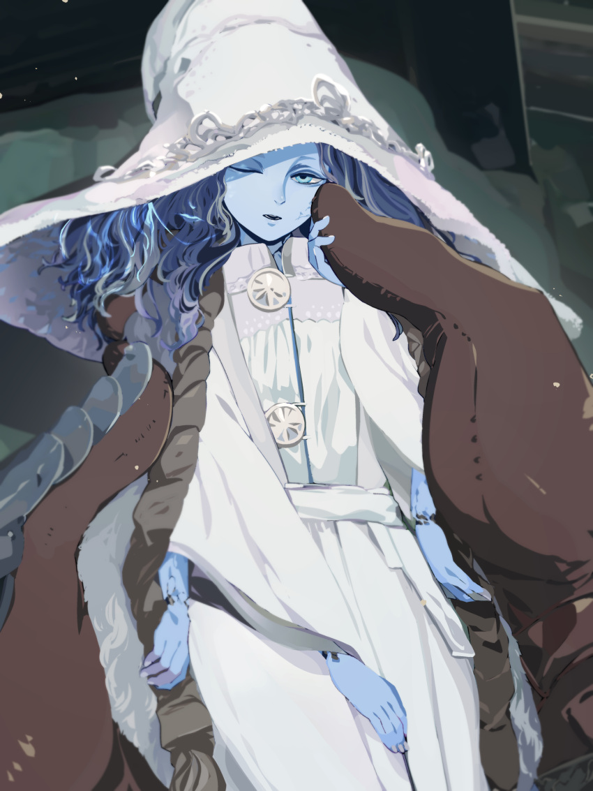 1girl, 1other, ambiguous_gender, blue_eyes, blue_hair, blue_skin, brown_gloves, cloak