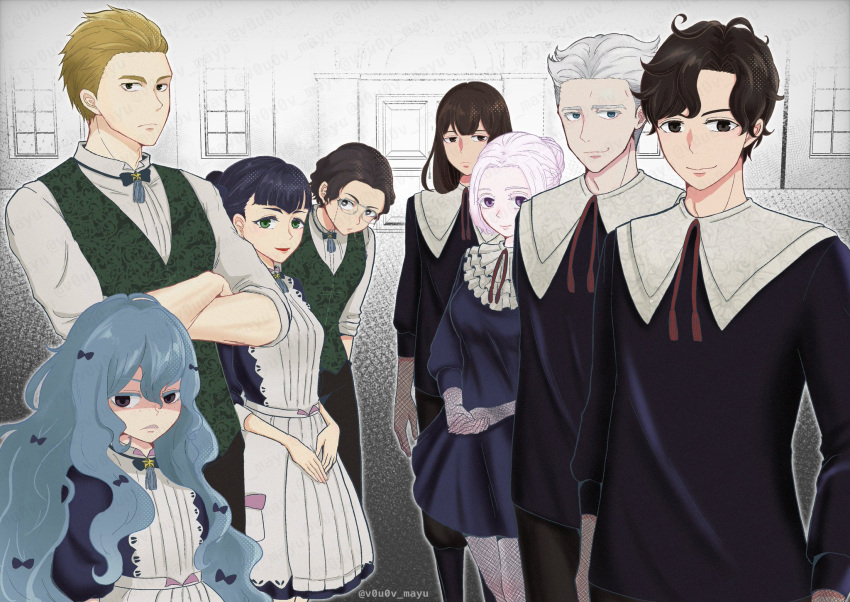3girls, 5boys, allie_(shadows_house), anthony_(shadows_house), apron, barbie_(shadows_house), ben_(shadows_house), black_hair, black_pants, black_shirt, blonde_hair, blue_dress, blue_hair, bow, bowtie, breasts, brown_hair, closed_mouth, collared_shirt, crossed_arms, dress, ed_(shadows_house), eyewear_strap, freckles, glasses, gloves, green_eyes, green_vest, hair_bun, hair_ornament, hair_slicked_back, half_updo, highres, hunched_over, jer_(shadows_house), lace, lace-trimmed_apron, lace_gloves, lace_pantyhose, lace_trim, lineup, long_hair, long_sleeves, looking_at_viewer, multiple_boys, multiple_girls, neck_ribbon, nomayu, olly_(shadows_house), own_hands_together, pants, parted_bangs, purple_hair, red_ribbon, ribbon, shadows_house, sharp_teeth, shirt, short_hair, single_hair_bun, sleeves_rolled_up, smile, standing, susie_(shadows_house), tassel, teeth, twitter_username, uniform, vest, white_apron, white_hair, white_shirt, wing_collar