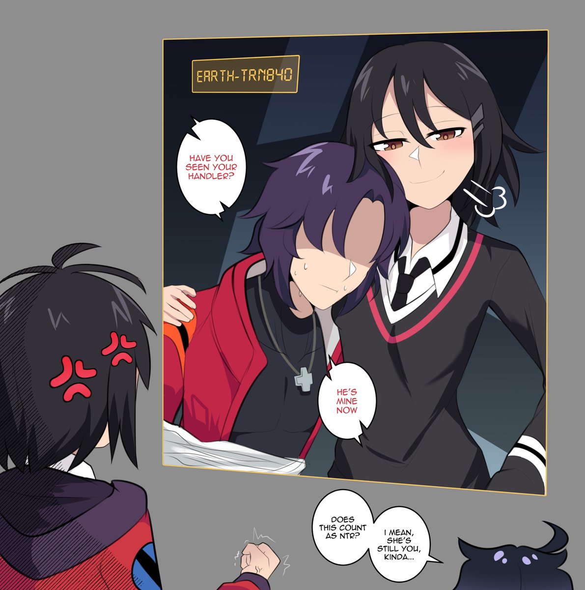 2boys, 2girls, anger_vein, arm_around_shoulder, black_hair, black_necktie, black_sweater, bluebutter, brown_eyes, clenched_hand, commentary, crossover, english_commentary, english_text, faceless, faceless_male, genderswap, genderswap_(ftm), hair_ornament, hairclip, highres, hood, hoodie, jewelry, katsuragi_misato, loose_necktie, marvel, medium_hair, multiple_boys, multiple_girls, necklace, necktie, neon_genesis_evangelion, original, purple_hair, red_hoodie, smile, smug, spider-man:_across_the_spider-verse, spider-man_(series), spider-verse, sweat, sweater
