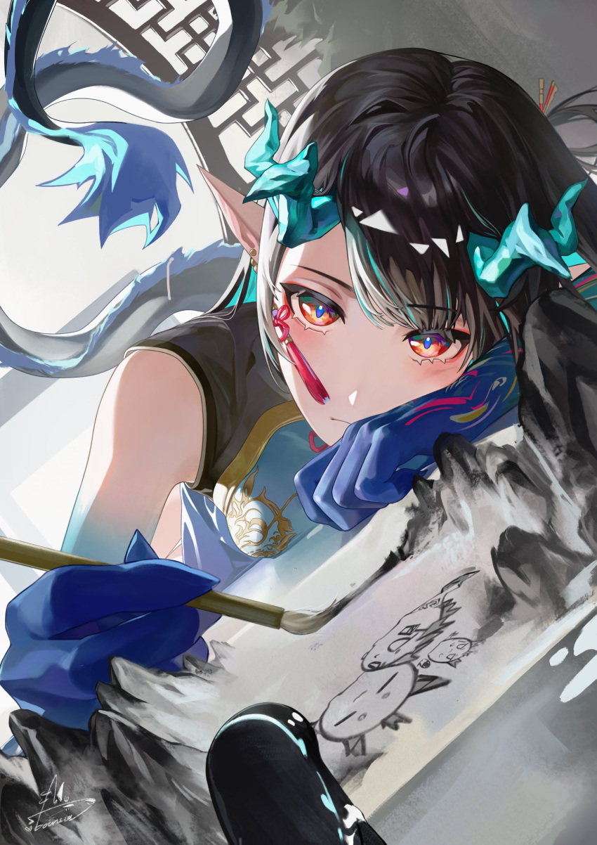 1girl, 1other, arknights, artist_name, bitey_(arknights), black_hair, blue_hair, blue_skin, blush, bounsies, china_dress, chinese_clothes, colored_skin, commentary, concentrating, dragon_bubble_(arknights), dragon_girl, dragon_horns, dragon_tail, dress, dusk_(arknights), dusk_(everything_is_a_miracle)_(arknights), earrings, fiery_tail, flame-tipped_tail, gradient_skin, green_horns, highres, holding, holding_paintbrush, horns, jewelry, ling_(arknights), looking_at_viewer, lying, multicolored_hair, nian_(arknights), official_alternate_costume, on_floor, on_side, paintbrush, painting_(action), pointy_ears, red_eyeliner, red_eyes, sleeveless, sleeveless_dress, streaked_hair, tail, tassel, tassel_earrings