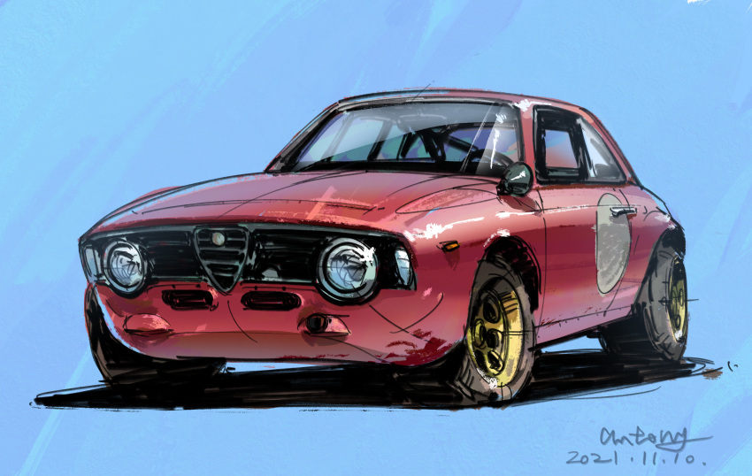 absurdres, alfa_romeo, alfa_romeo_giulia, antony_(3), artist_name, blue_background, car, dated