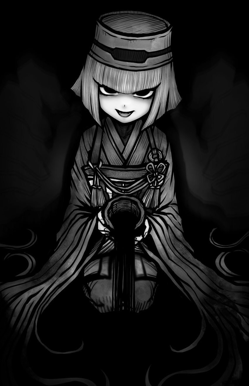 1girl, absurdres, chajinbou, cup, fate/grand_order, fate_(series), ghost_hands, greyscale