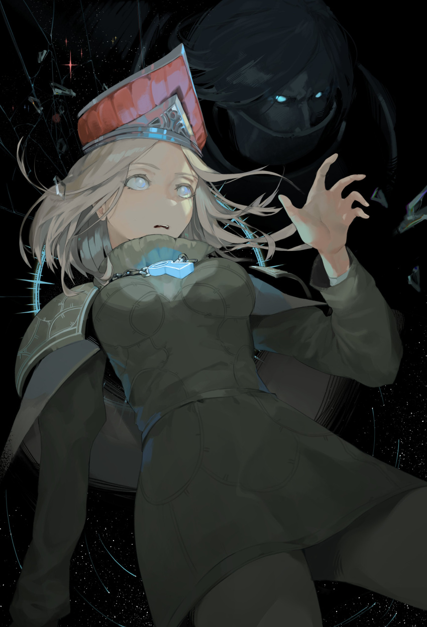 1boy, 1girl, absurdres, armor, breasts, bright_pupils, capelet, crown