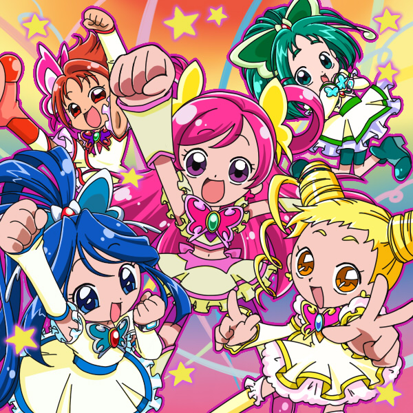 blonde_hair, blue_hair, butterfly_hair_ornament, company_connection, cure_aqua, cure_dream, cure_lemonade, cure_mint