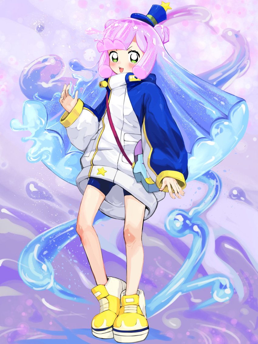 1girl, bag, bike_shorts, blue_hair, blush, double_bun, full_body, gradient_hair, green_eyes, hair_bun, hat, highres, looking_at_viewer, mightyjump98, mini_hat, mini_top_hat, monster_girl, multicolored_hair, open_mouth, pink_hair, puniru_(puniru_wa_kawaii_slime), puniru_wa_kawaii_slime, shoes, shoulder_bag, slime_(substance), slime_girl, smile, sneakers, solo, top_hat, two-tone_hair