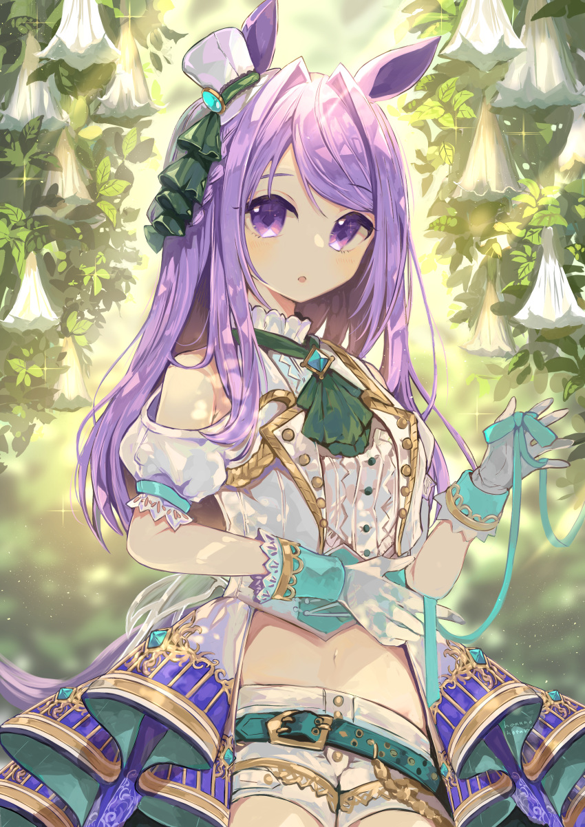 1girl, :o, absurdres, animal_ears, aqua_belt, aqua_ribbon, bare_shoulders, blurry