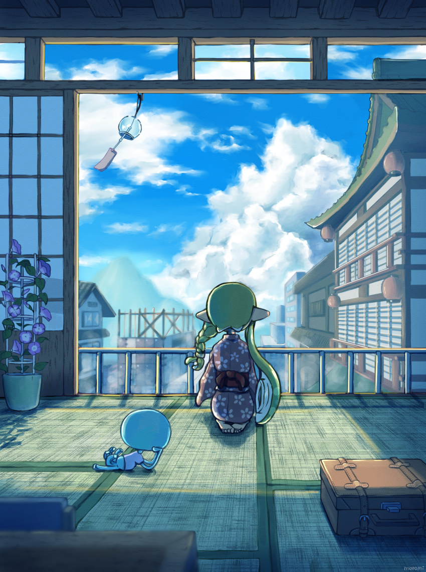1girl, architecture, barefoot, blonde_hair, blue_sky, blurry, blurry_foreground, braid, building, city, clouds, commentary_request, day, east_asian_architecture, facing_away, feet, floral_print, flower, flower_pot, from_behind, head_rest, highres, house, indoors, inkling, inkling_girl, japanese_clothes, jellyfish_(splatoon), kimono, lantern, long_hair, long_sleeves, lying, morning_glory, moromi_(kscd4482), obi, on_floor, on_side, paper_lantern, pink_kimono, plant, pointy_ears, print_kimono, purple_flower, railing, red_sash, sash, scenery, shadow, shirt, short_sleeves, shouji, side_braid, single_braid, sitting, sky, sliding_doors, splatoon_(series), suction_cups, suitcase, t-shirt, table, tatami, tentacle_hair, toes, very_long_hair, vines, white_shirt, wind_chime