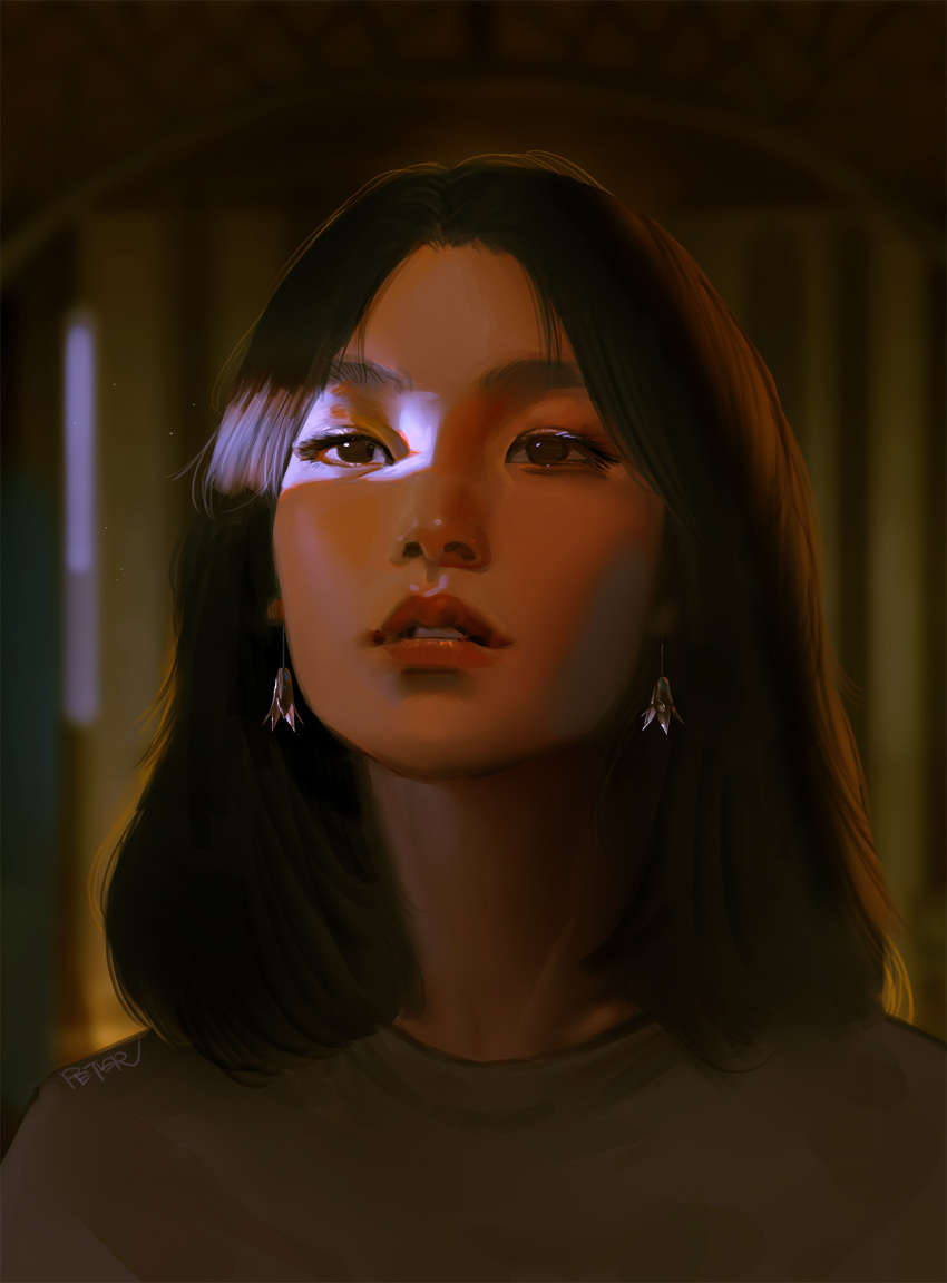 1girl, black_eyes, black_hair, blurry, blurry_background, chinese_commentary, commentary_request, earrings