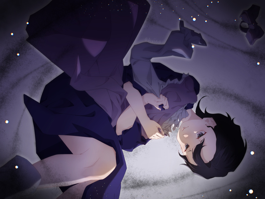 1girl, absurdres, black_hair, blue_bow, blue_dress, boots, bow, bow_removed