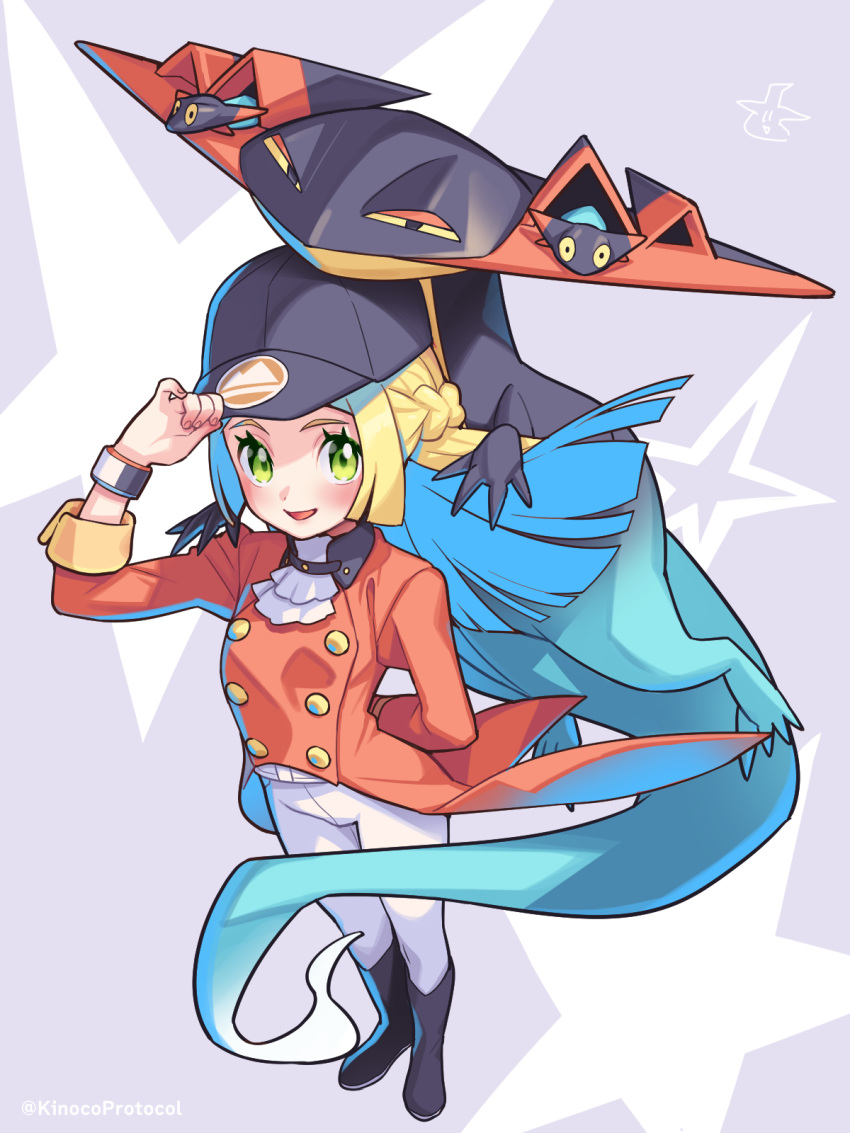 1girl, alternate_costume, arm_behind_back, artist_name, ascot, black_footwear, black_headwear, blonde_hair