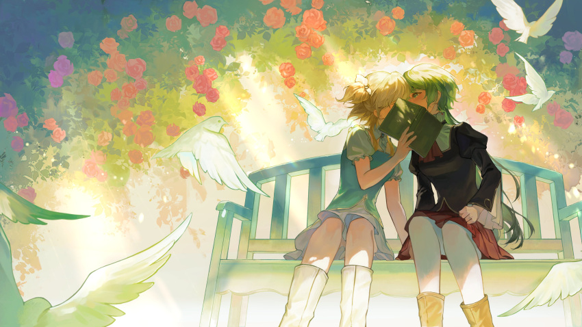 2girls, absurdres, bird, black_shirt, blonde_hair, blue_shirt, book, dove