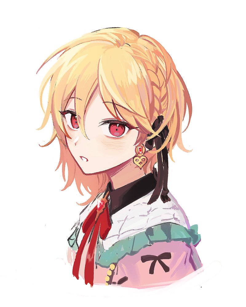1boy, androgynous, black_bow, blonde_hair, blush, bow, capelet, cross_x_mark_(ensemble_stars!), earrings, ensemble_stars!, gem, hair_bow, jacket, jewelry, long_sleeves, looking_at_viewer, nito_nazuna, od_doru, official_alternate_costume, parted_lips, pink_jacket, red_bow, red_eyes, red_gemstone, teeth, white_capelet