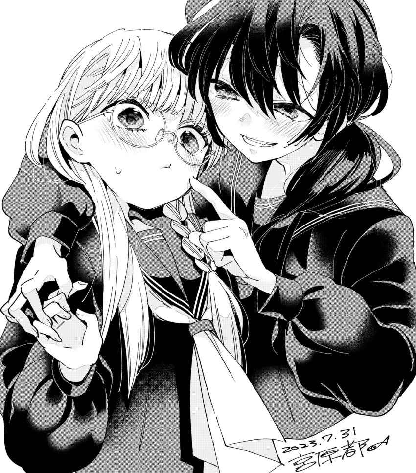2girls, :i, arm_around_neck, blush, commentary_request, dated, glasses, greyscale