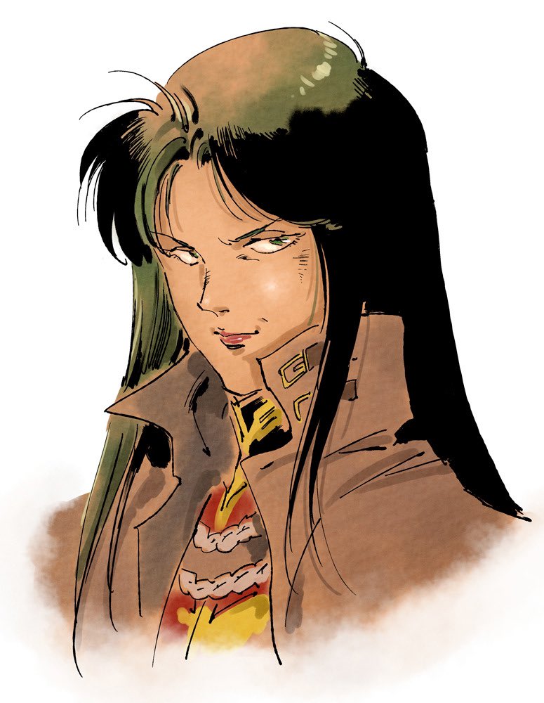 1girl, black_hair, blue_eyes, brown_jacket, cima_garahau, gundam, gundam_0083, jacket