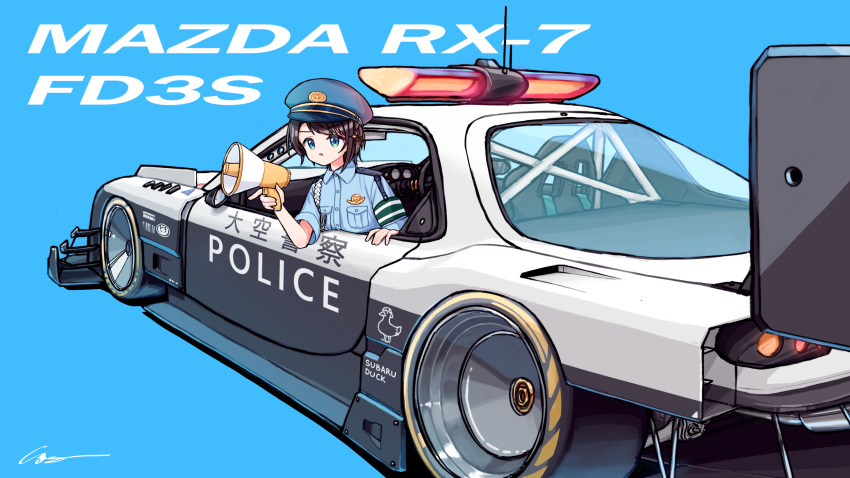 1girl, blue_background, blue_eyes, blue_headwear, car, collared_shirt, hat, highres