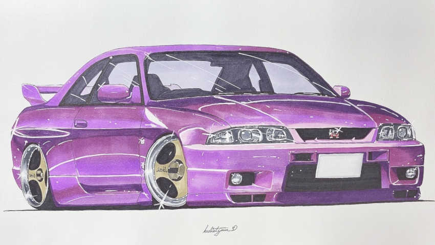 car, glint, grey_background, kulistynu, marker_(medium), motor_vehicle, nissan_skyline, nissan_skyline_gt-r