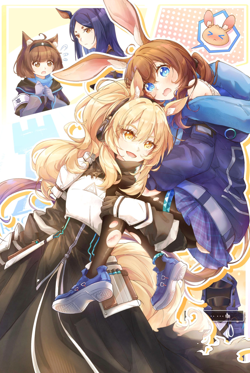 >_<, 1other, 4girls, :d, absurdres, ahoge, amiya_(arknights), animal_ear_fluff