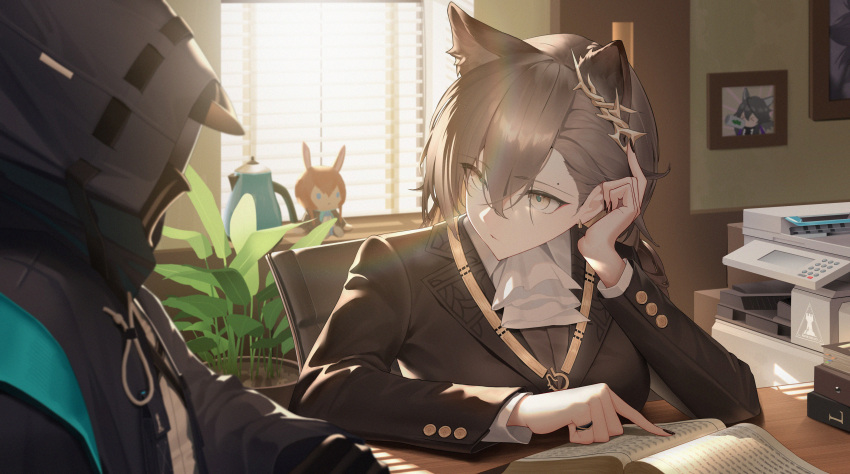 1girl, 1other, absurdres, amiya_(arknights), animal_ears, arknights, ascot, black_jacket, black_nails, blinds, book, breasts, brown_hair, cameo, character_doll, doctor, extra_ears, hair_between_eyes, highres, hood, hood_up, hooded_jacket, index_finger_raised, indoors, jacket, kettle, layered_sleeves, live_(mfwa7572), long_sleeves, mask, mole_above_eye, open_book, penance_(arknights), photocopier, picture_frame, plant, pointing, potted_plant, rhodes_island_logo, shirt, small_breasts, stuffed_toy, suit_jacket, vigil_(arknights), white_ascot, white_shirt, window, wolf_ears, wolf_girl, yellow_eyes