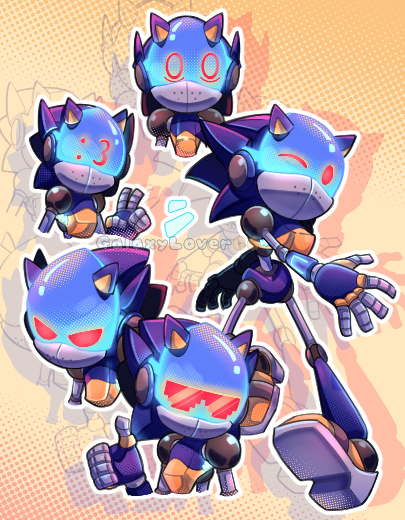 1boy, angry, animal_ears, armor, blue_armor, blue_light, chaos_sonic, fake_animal_ears, galaxylover06, glowing, highres, joints, no_humans, no_mouth, one_eye_closed, red_eyes, robot, robot_joints, sonic_(series), sonic_prime, thumbs_up, v