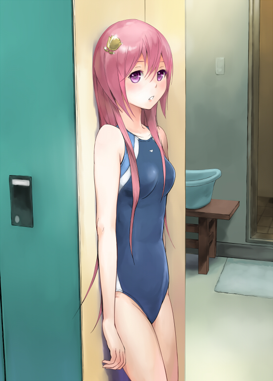 against_wall, aoten, bare_shoulders, blush, competition_swimsuit, hair_ornament, locker, locker_room