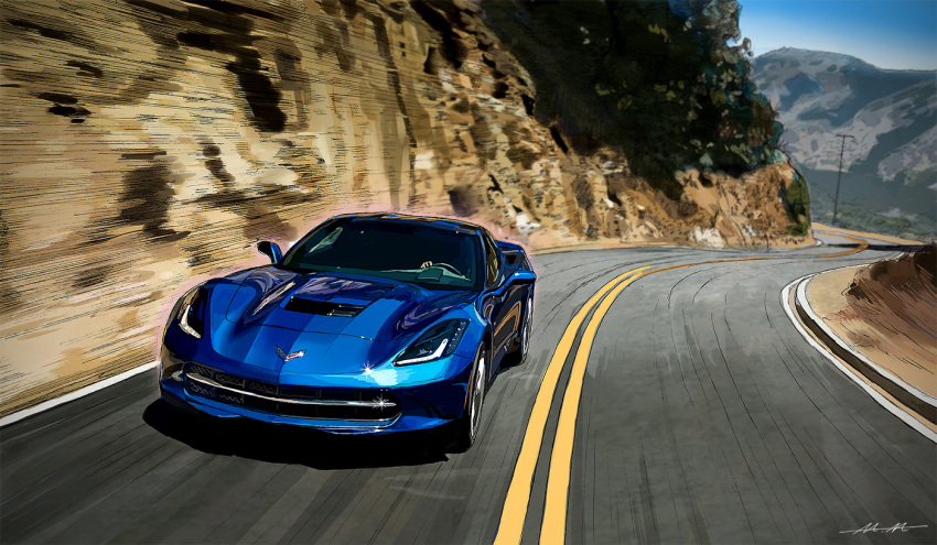 1other, ambiguous_gender, canyon, car, chevrolet, chevrolet_corvette, chevrolet_corvette_c7, driving, m.m_(chosuke320), motion_blur, motor_vehicle, mountain, original, road, signature, sports_car, tree