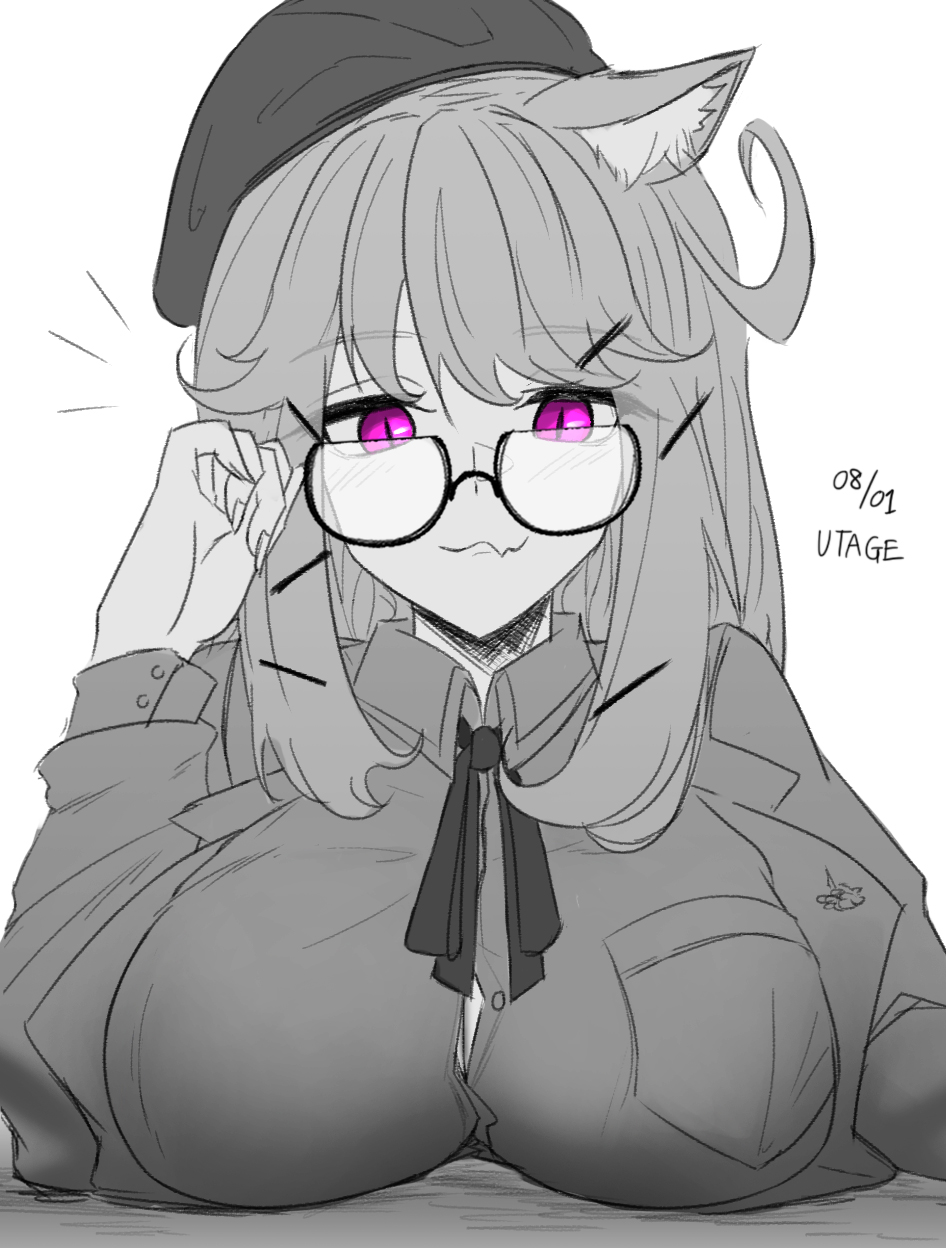 1girl, animal_ears, arknights, beret, blush, breasts, character_name, dated