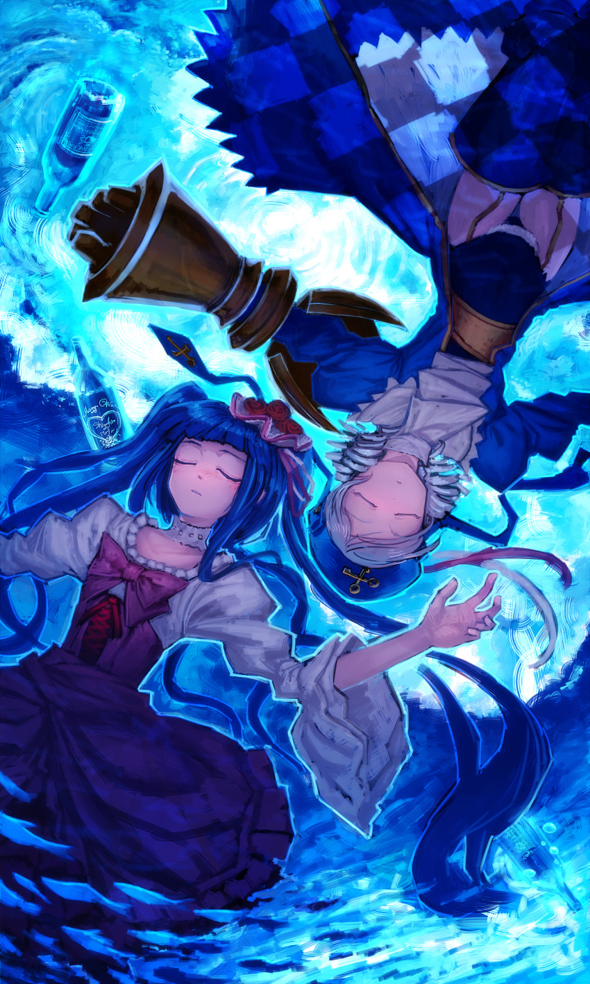 bottle, closed_eyes, death, dlanor_a_knox, drill_hair, furudo_erika, highres, lain, lain_(artist), long_hair, silver_hair, thigh-highs, thighhighs, twintails, umineko_no_naku_koro_ni, underwater, very_long_hair