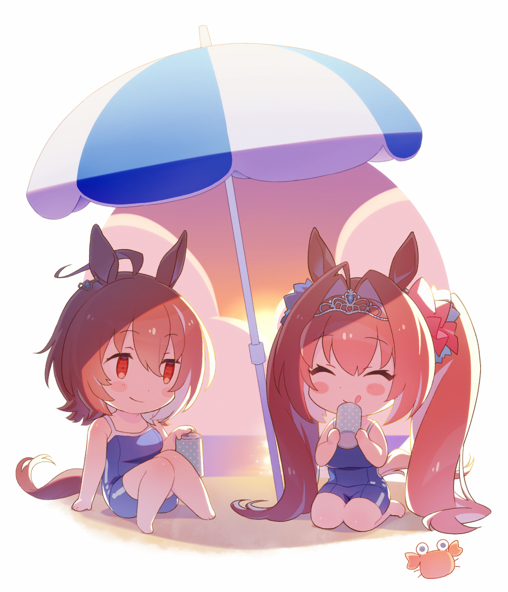 2girls, ^_^, agnes_tachyon_(umamusume), ahoge, animal_ears, bare_arms, bare_shoulders, barefoot