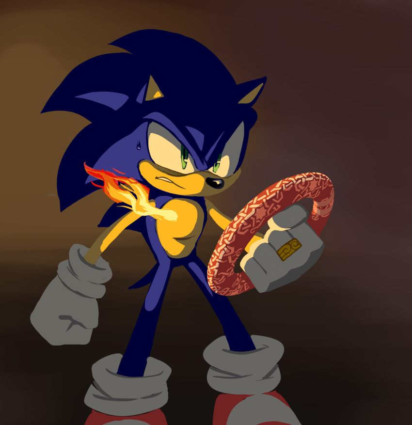 1boy, animal_ears, animal_nose, clenched_hand, commentary, english_commentary, fire, furry, furry_male, gloves, green_eyes, highres, holding, jewelry, male_focus, ring, shoes, siggiedraws, solo, sonic_(series), sonic_and_the_secret_rings, sonic_the_hedgehog, standing, sweat, tail, white_gloves, world_ring