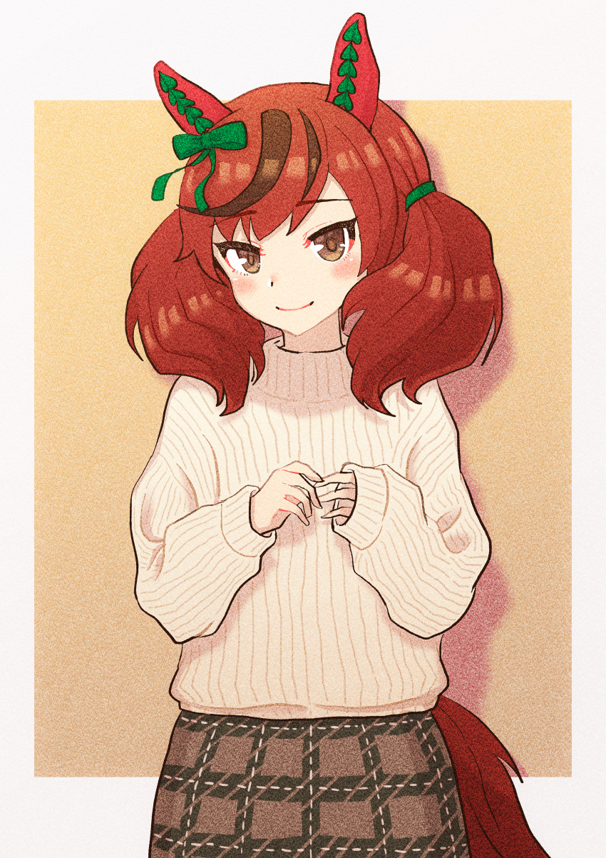 1girl, absurdres, alternate_costume, animal_ears, blush, border, bow, brown_background, brown_eyes, brown_skirt, casual, closed_mouth, commentary_request, cowboy_shot, ear_bow, ear_covers, green_bow, hair_ornament, highres, horse_ears, horse_girl, horse_tail, long_sleeves, looking_at_viewer, nenbutsu_0416, nice_nature_(umamusume), plaid, plaid_skirt, redhead, ribbed_sweater, ribbon, simple_background, skirt, smile, solo, sweater, tail, twintails, umamusume, white_border