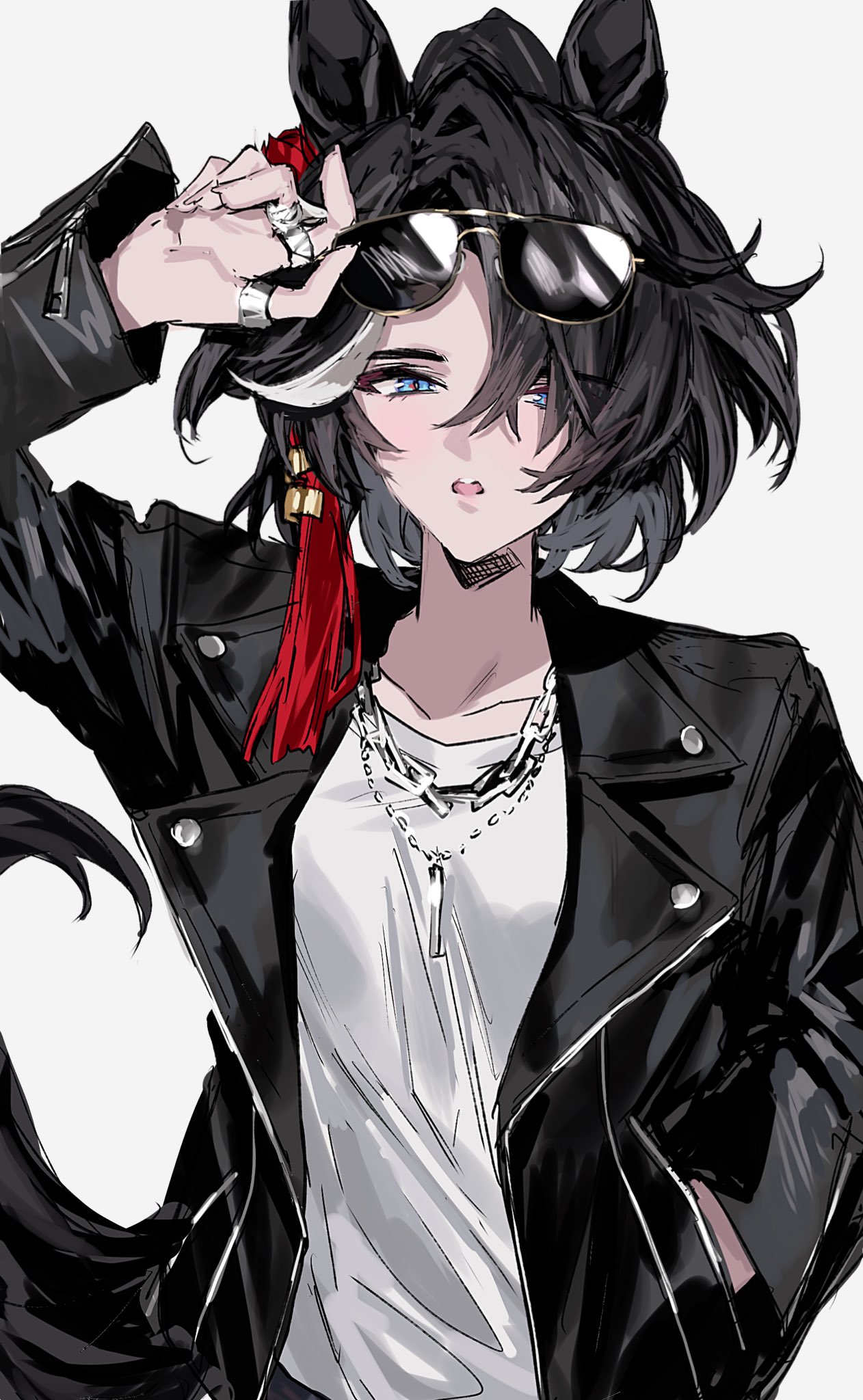 1girl, animal_ears, arm_up, black_jacket, blue_eyes, chain_necklace, commentary_request, eyewear_on_head