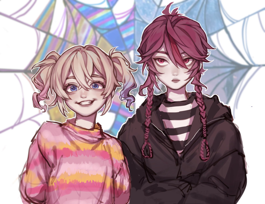 2girls, addams_family, alternate_hair_color, alternate_hairstyle, barbara_(genshin_impact), black_jacket, blue_eyes, blue_hair