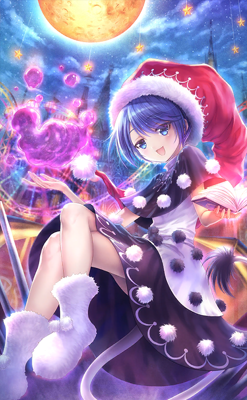 1girl, amusement_park, black_capelet, black_dress, blue_eyes, blue_hair, blush, book