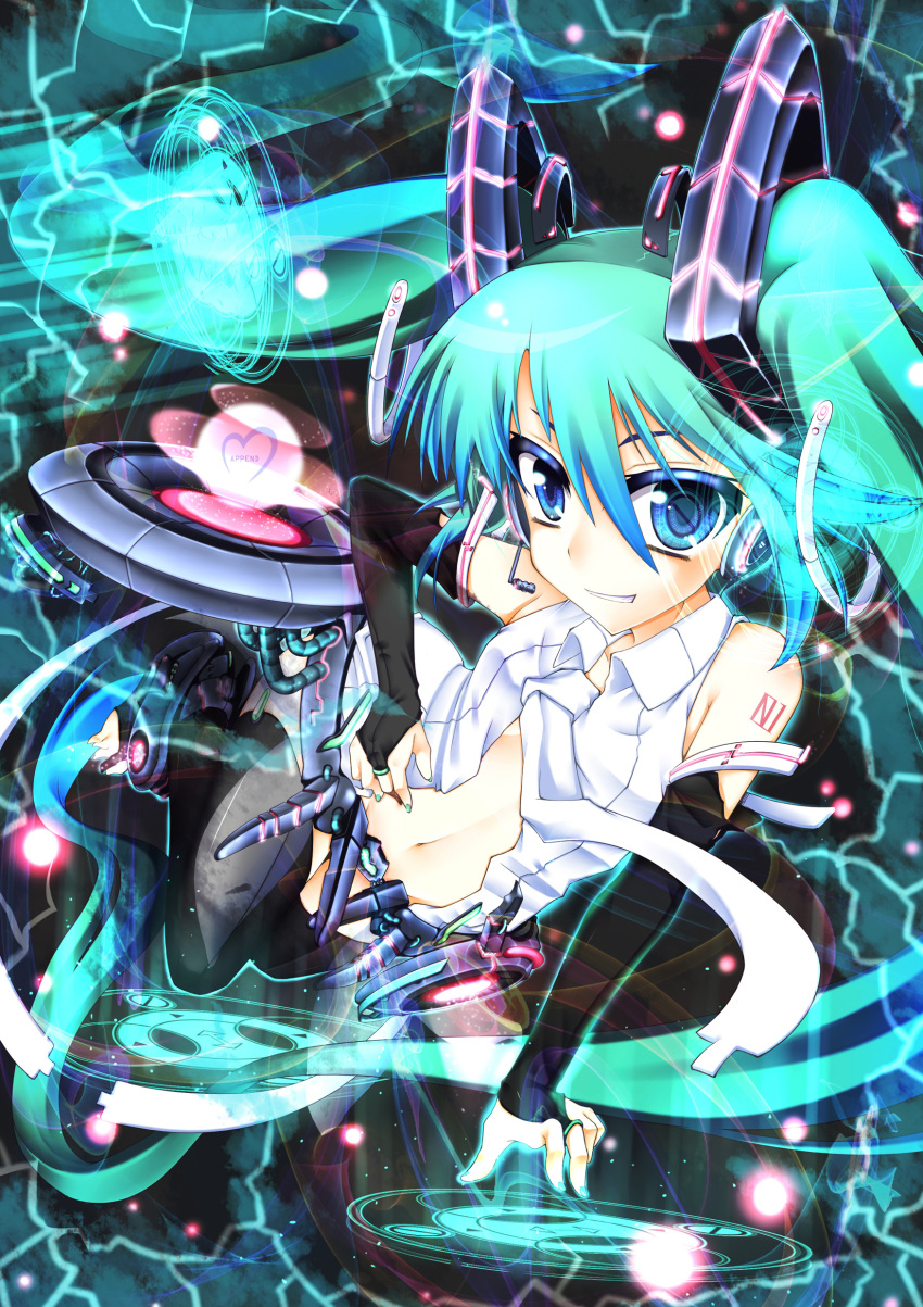 absurdres, aqua_hair, blue_hair, bridal_gauntlets, grin, hamo_tosaka, hatsune_miku, hatsune_miku_(append)