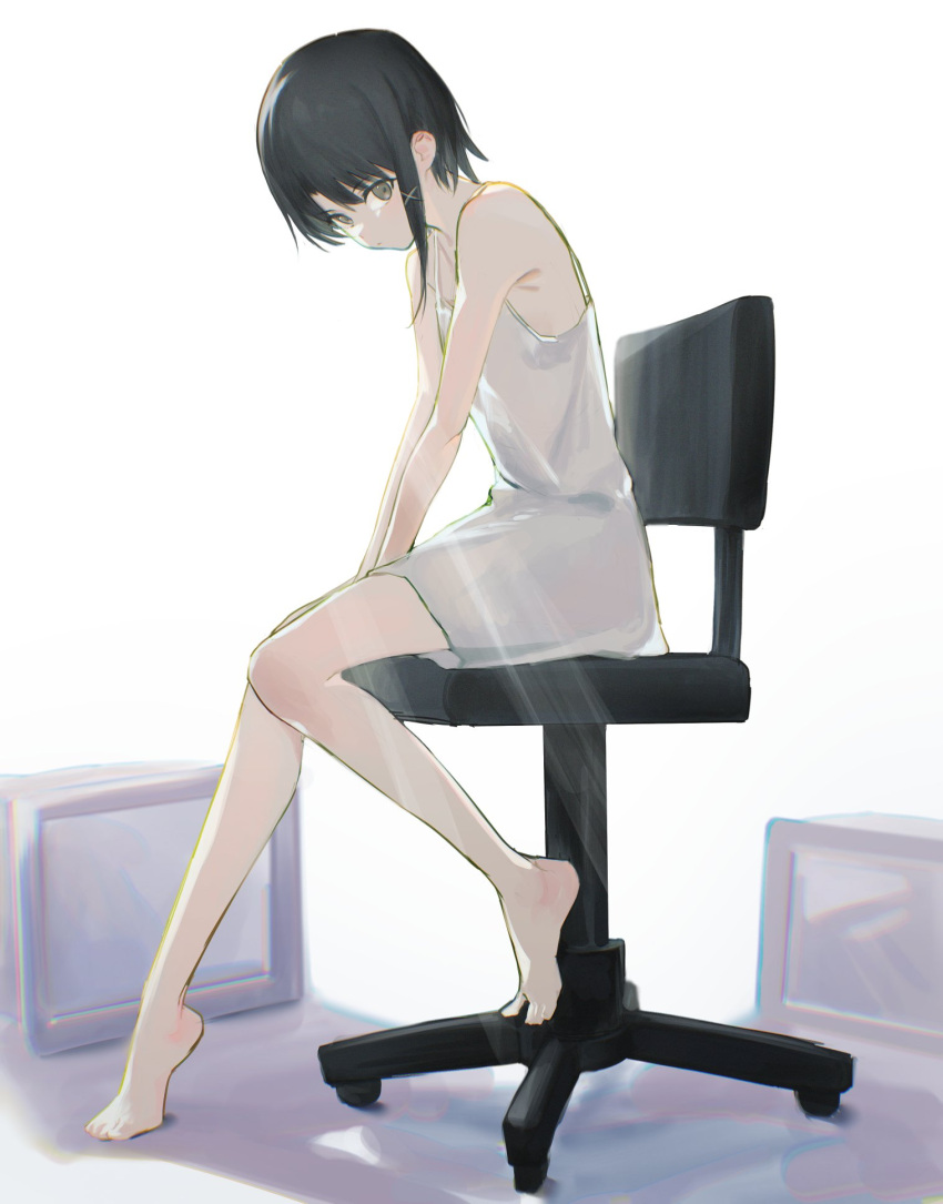 1girl, barefoot, black_hair, brown_eyes, chair, closed_mouth, dress, full_body