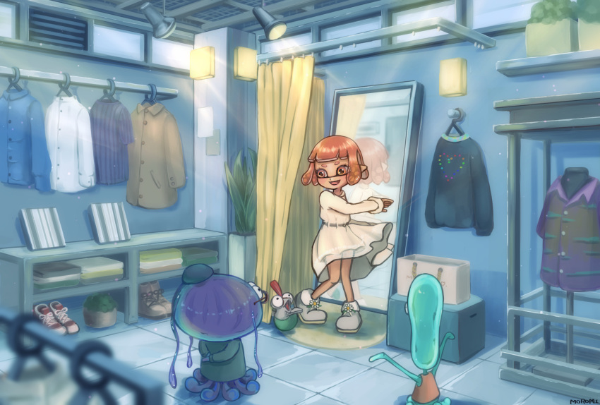 1girl, :d, arms_behind_back, arms_up, artist_name, bag, black_jacket, black_shirt, blue_shirt, blunt_bangs, blurry, blurry_foreground, blush, boots, brown_footwear, brown_shirt, buttons, changing_room, clothes_hanger, clothes_rack, collared_shirt, commentary_request, curtains, depth_of_field, dress, facing_away, folded_clothes, glasses, grey_footwear, highres, indoors, inkling, inkling_girl, jacket, jel_la_fleur, jellyfish_(splatoon), light_particles, light_rays, long_sleeves, looking_at_another, mohawk, moromi_(kscd4482), open_mouth, orange_eyes, orange_hair, plant, pointy_ears, potted_plant, purple_shirt, red_footwear, red_shirt, redhead, scenery, shelf, shirt, shoes, short_eyebrows, short_hair, short_sleeves, sidelocks, sleeveless, sleeveless_shirt, smallfry_(splatoon), smile, splatoon_(series), splatoon_3, spotlight, standing, striped, striped_shirt, tentacle_hair, tile_floor, tiles, vent_(object), vertical-striped_shirt, vertical_stripes, white_dress, white_shirt, window