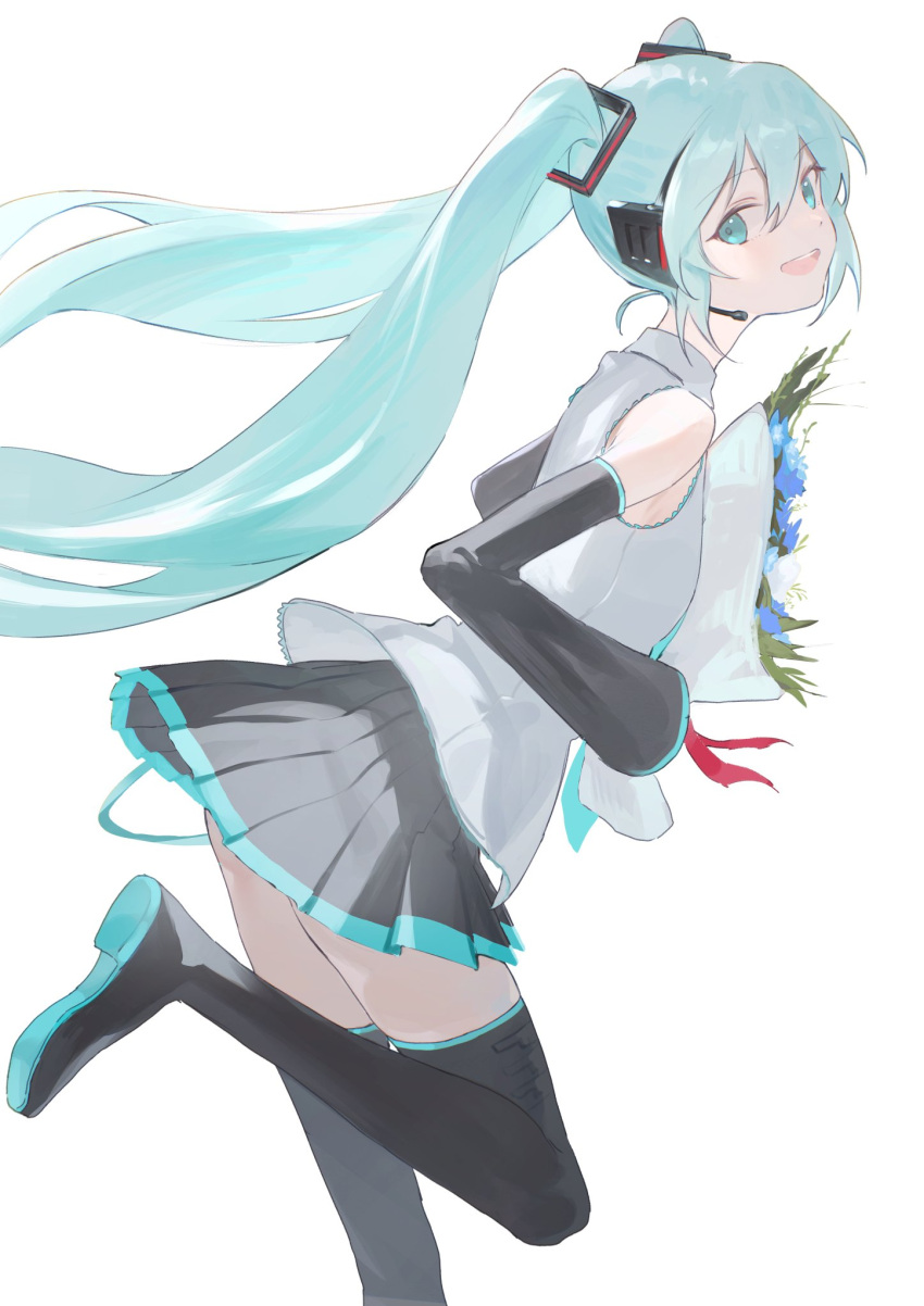 1girl, aqua_eyes, aqua_hair, aqua_necktie, black_skirt, black_thighhighs, blue_flower, boots, bouquet, detached_sleeves, flower, hair_ornament, hatsune_miku, headphones, headset, highres, holding, holding_bouquet, kurobeko_(kur0bek0), long_hair, looking_at_viewer, necktie, open_mouth, pleated_skirt, shirt, simple_background, skirt, sleeveless, sleeveless_shirt, solo, thigh-highs, thigh_boots, twintails, very_long_hair, vocaloid, white_background