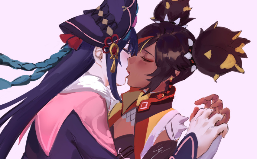2girls, bonnet, brown_hair, closed_eyes, dark-skinned_female, dark_skin, genshin_impact, highres, kiss, long_hair, multiple_girls, pom_pom_(clothes), purple_hair, scanner3000, two_side_up, xinyan_(genshin_impact), yun_jin_(genshin_impact), yuri