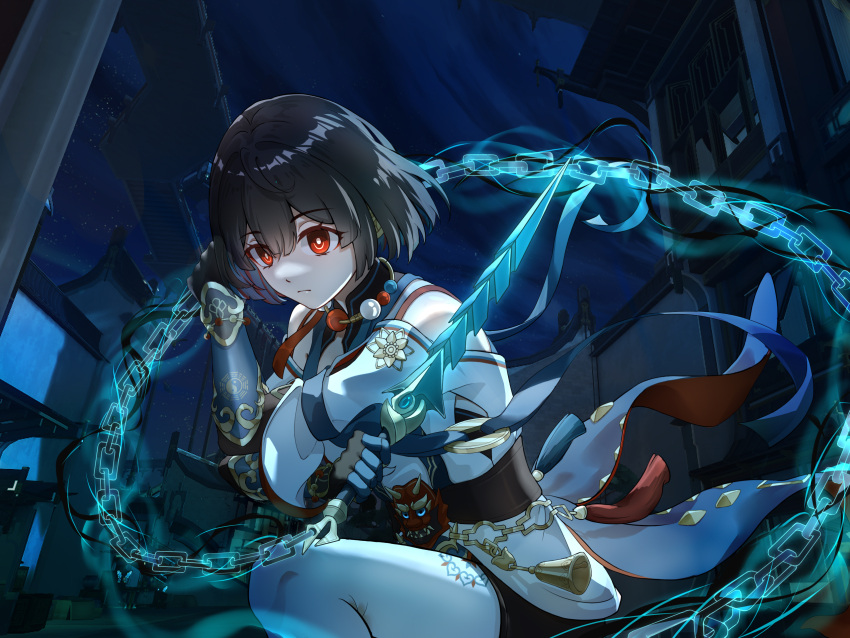 1girl, architecture, bagua, bare_shoulders, bead_necklace, beads, bell, black_hair, closed_mouth, colored_inner_hair, east_asian_architecture, gauntlets, hair_between_eyes, highres, holding, holding_weapon, honkai:_star_rail, honkai_(series), jewelry, medium_hair, multicolored_hair, necklace, night, night_sky, red_eyes, rope_dart, shirt, shoulder_strap, sky, solo, trigram, weapon, xueyi_(honkai:_star_rail), yin_yang