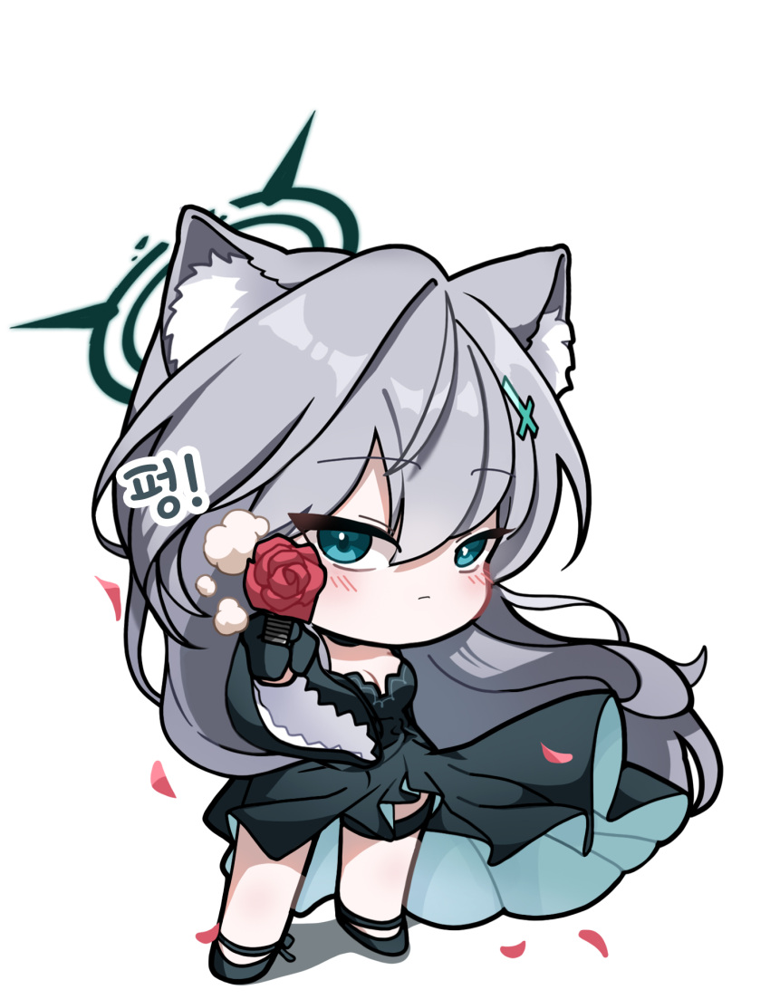 1girl, aiming, aiming_at_viewer, animal_ear_fluff, animal_ears, black_dress, black_halo, blue_archive